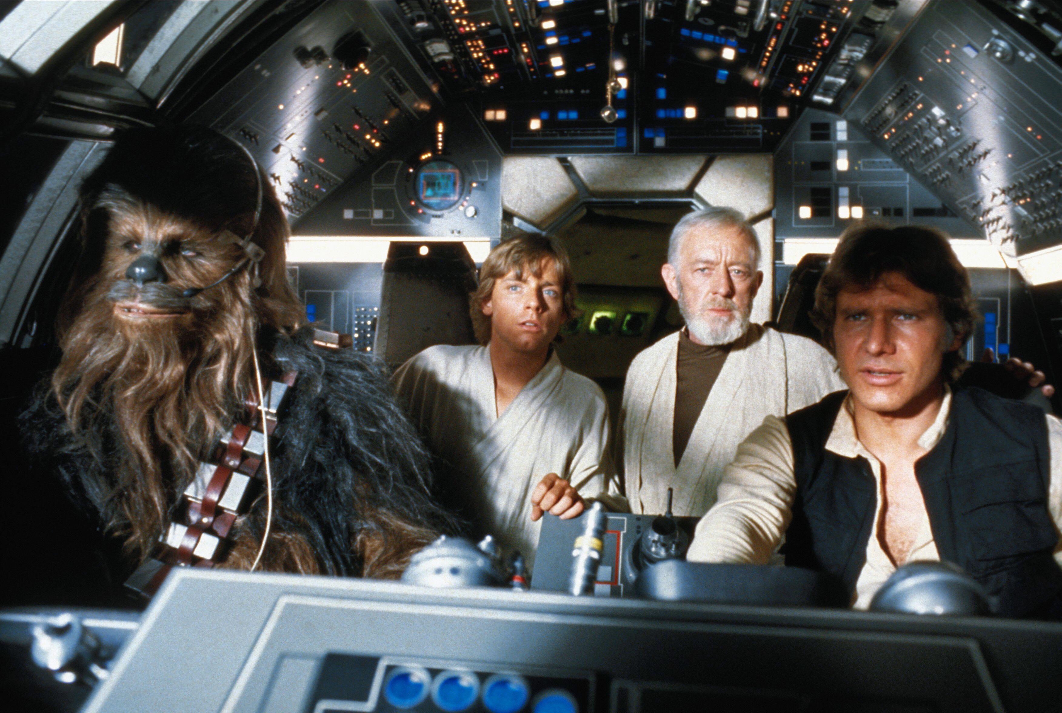 Famous scene from Star Wars with iconic characters.