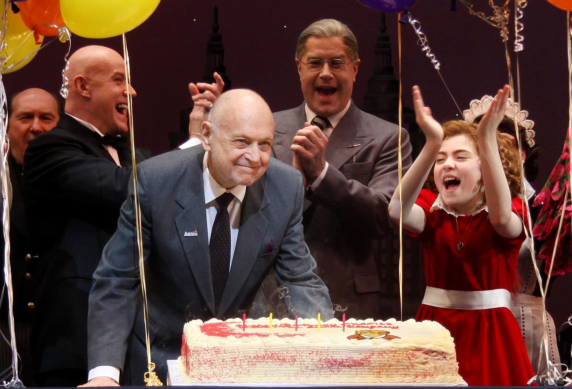 Charles Strouse's 85th birthday celebration onstage during a performance of the Broadway musical *Annie*.