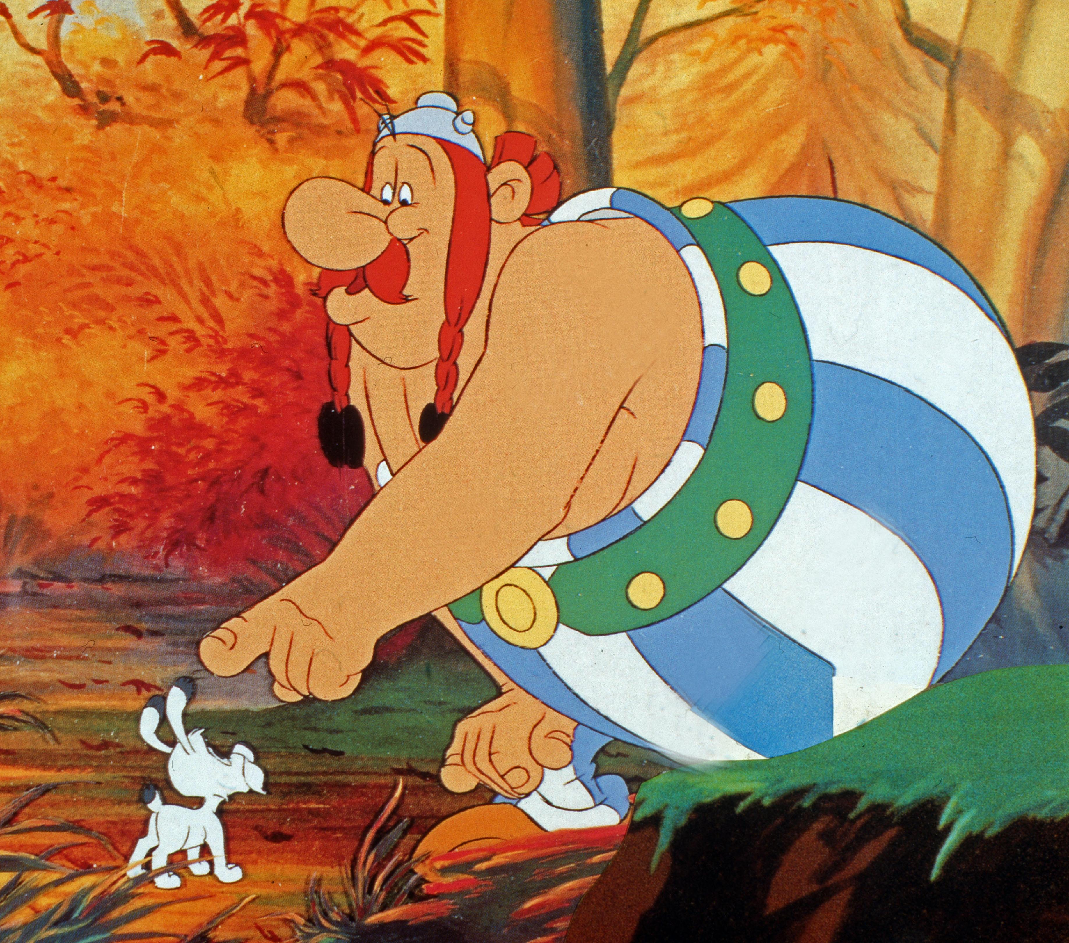 Illustration of Obelix and Idefix from Asterix in America.