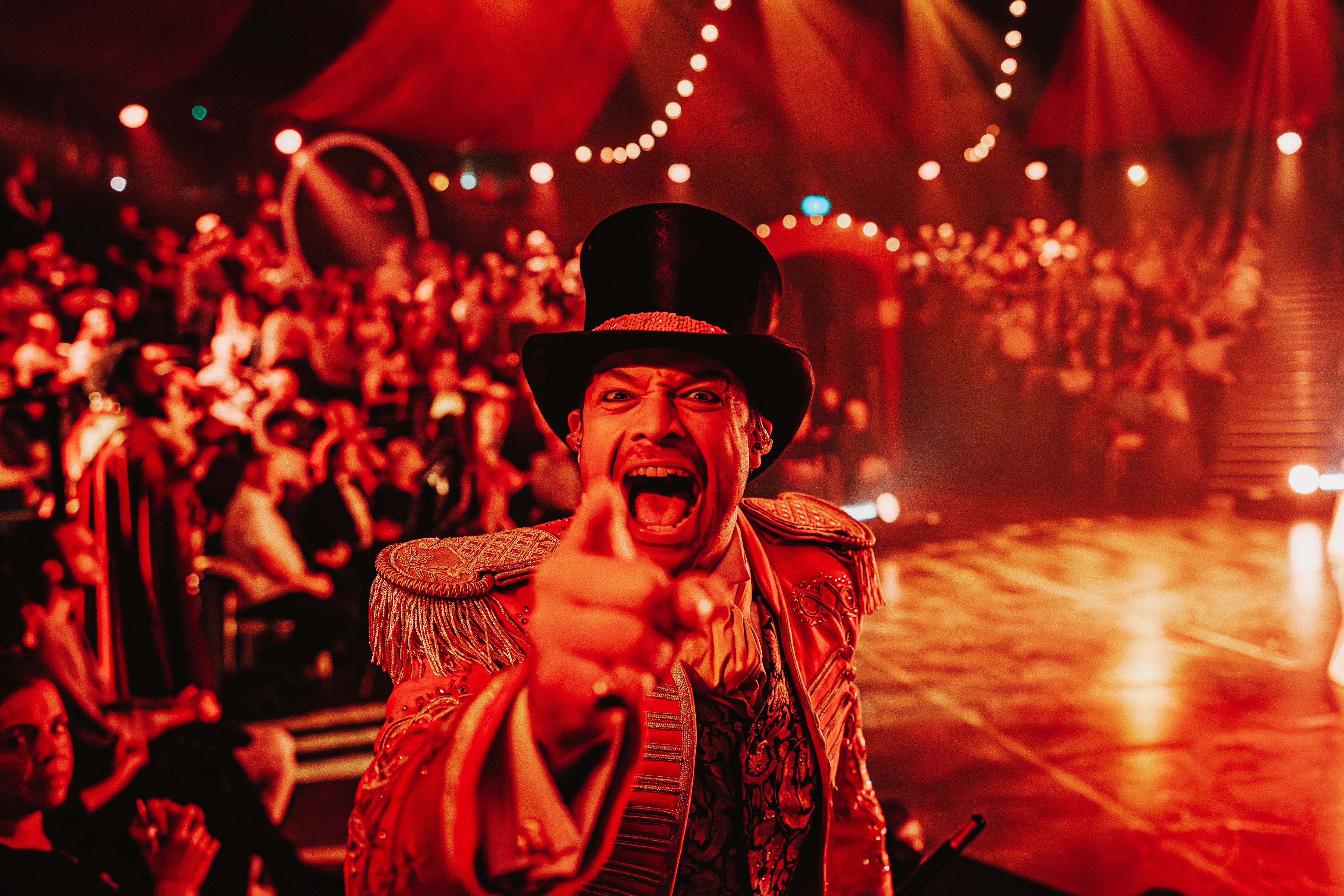 A man in a top hat pointing towards the audience