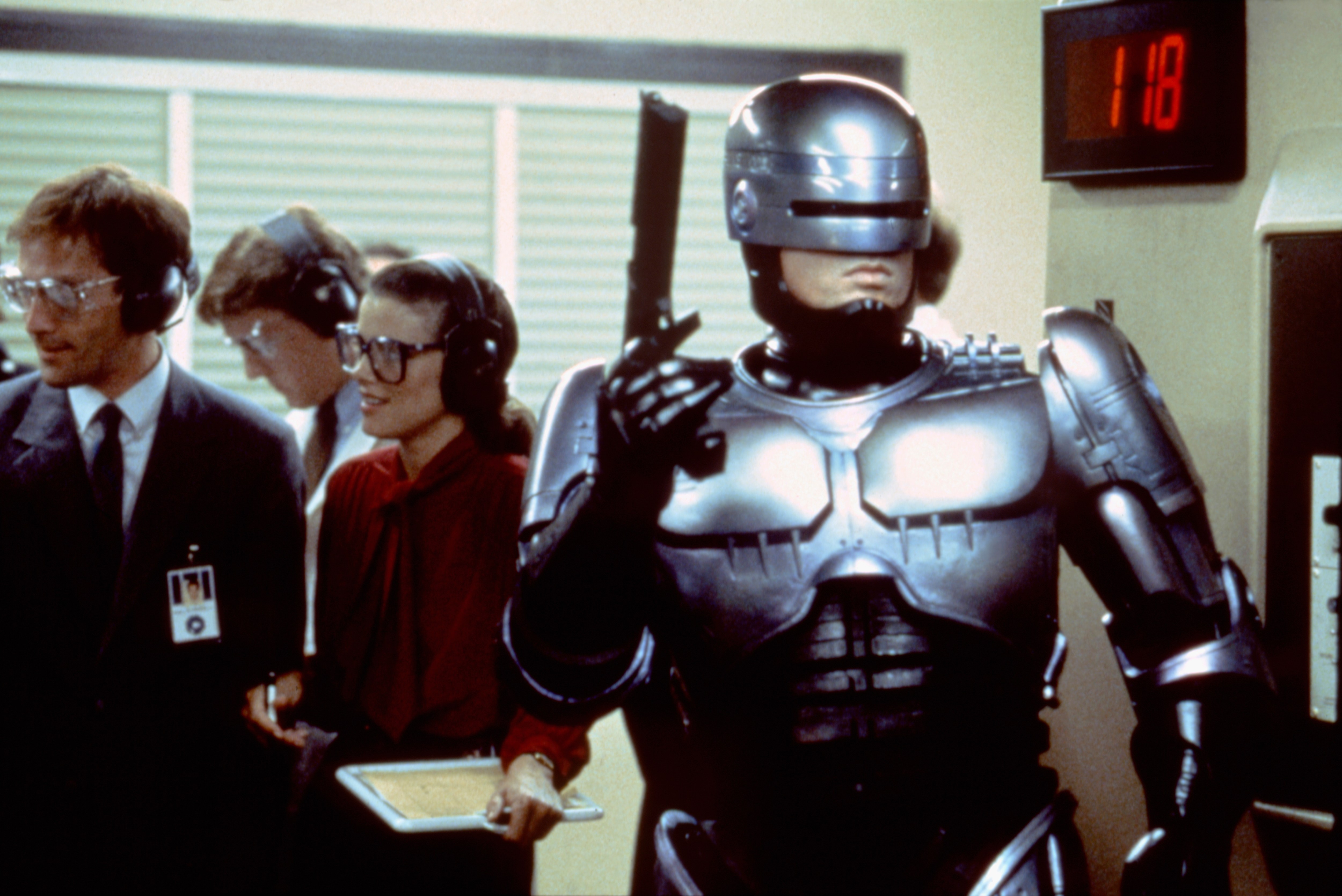 Peter Weller as RoboCop on set.