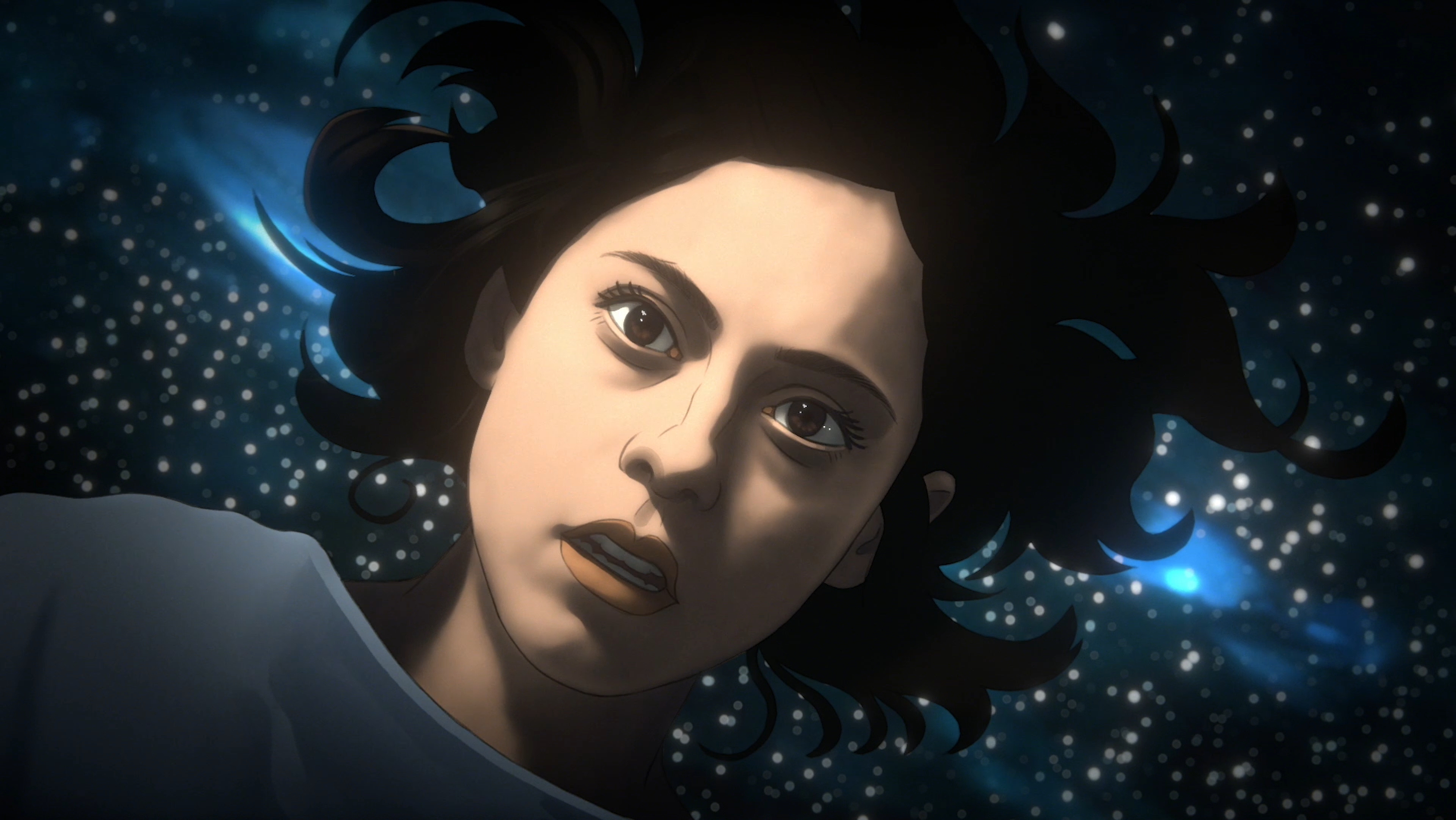 a drawing of a woman floating in space